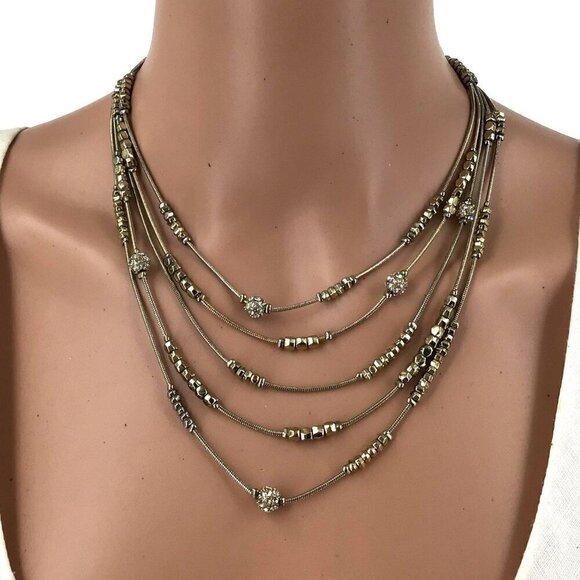 Chicos Five Strand Necklace Gold Tone Beaded Rhinestone Spheres Layered Tiered - Picture 1 of 2
